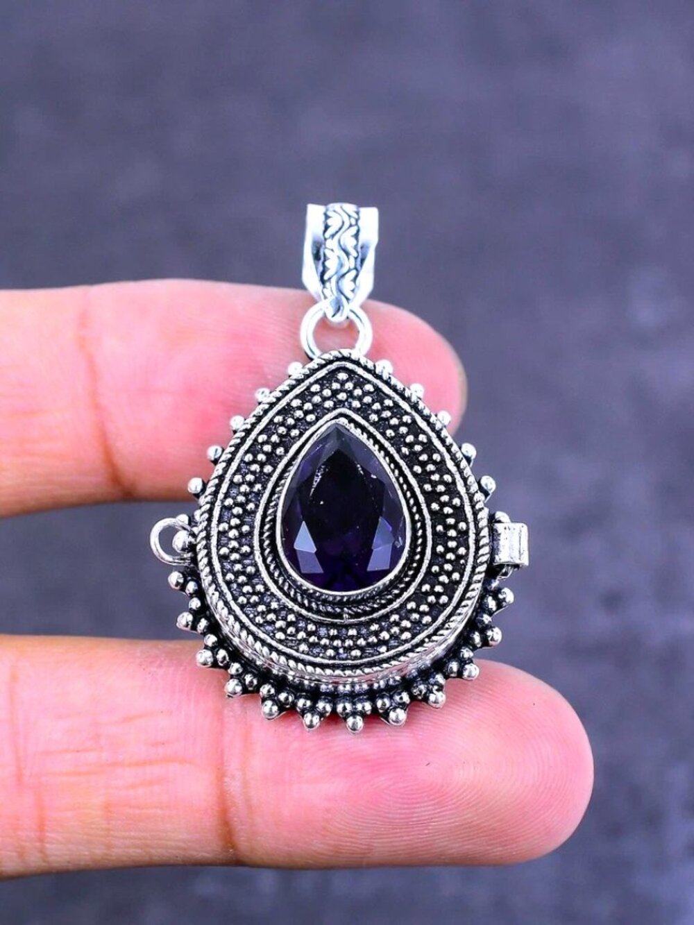 Amethyst Poison Box Gemstone Sterling Silver Pendant - Picture 2 of 4
